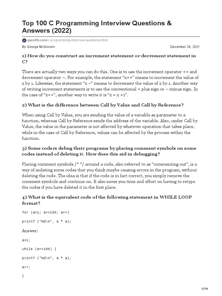 Top 100 C Programming Interview Questions Amp Answers 2022 | PDF ...