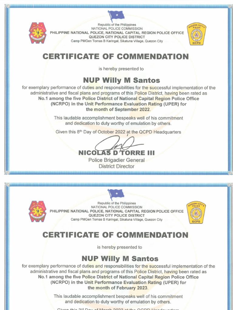 Certificate of Commendation Download Free PDF Metro Manila Law
