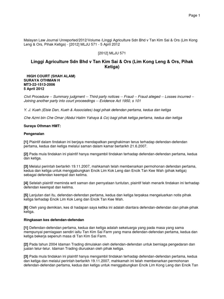 Linggi Agriculture SDN BHD V Tan Kim Sai & O | PDF