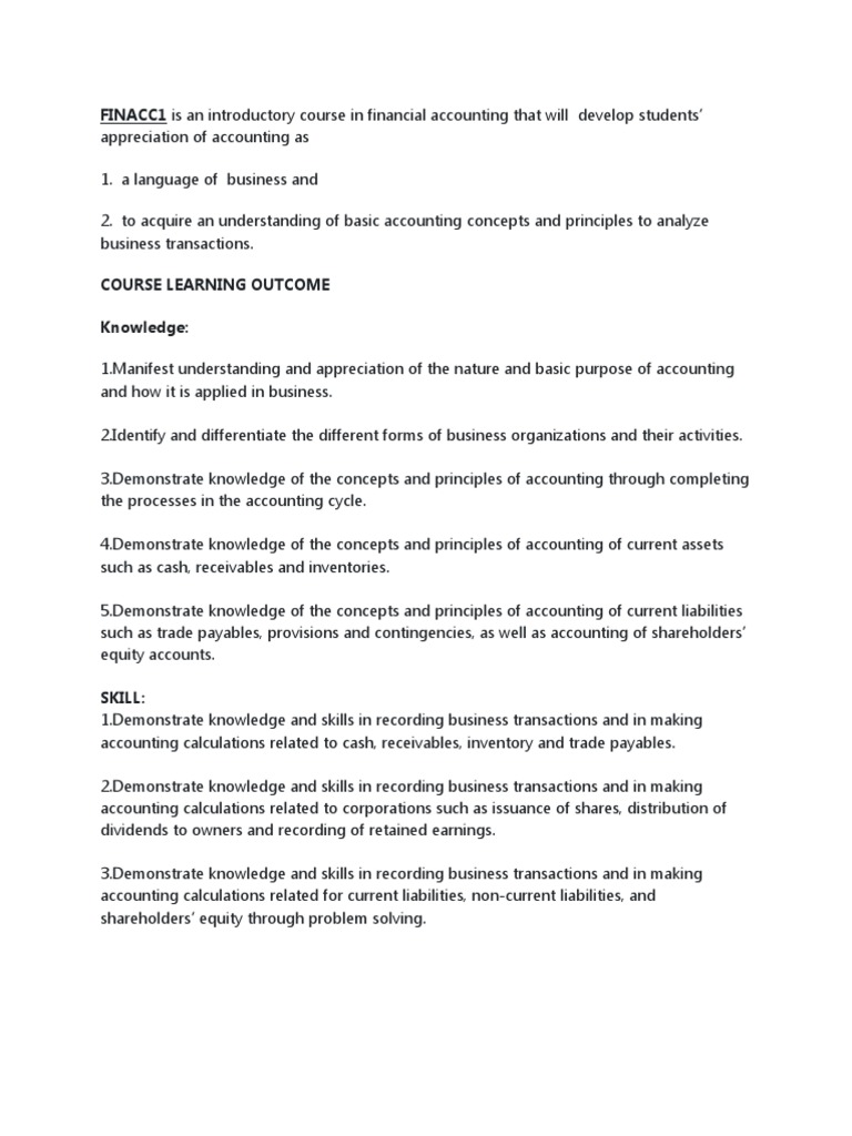 FINACC1 Course Learning Outcome | PDF