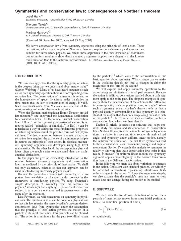 Symmetries and Conservation Laws-Consequences of Noether Theorem | PDF ...