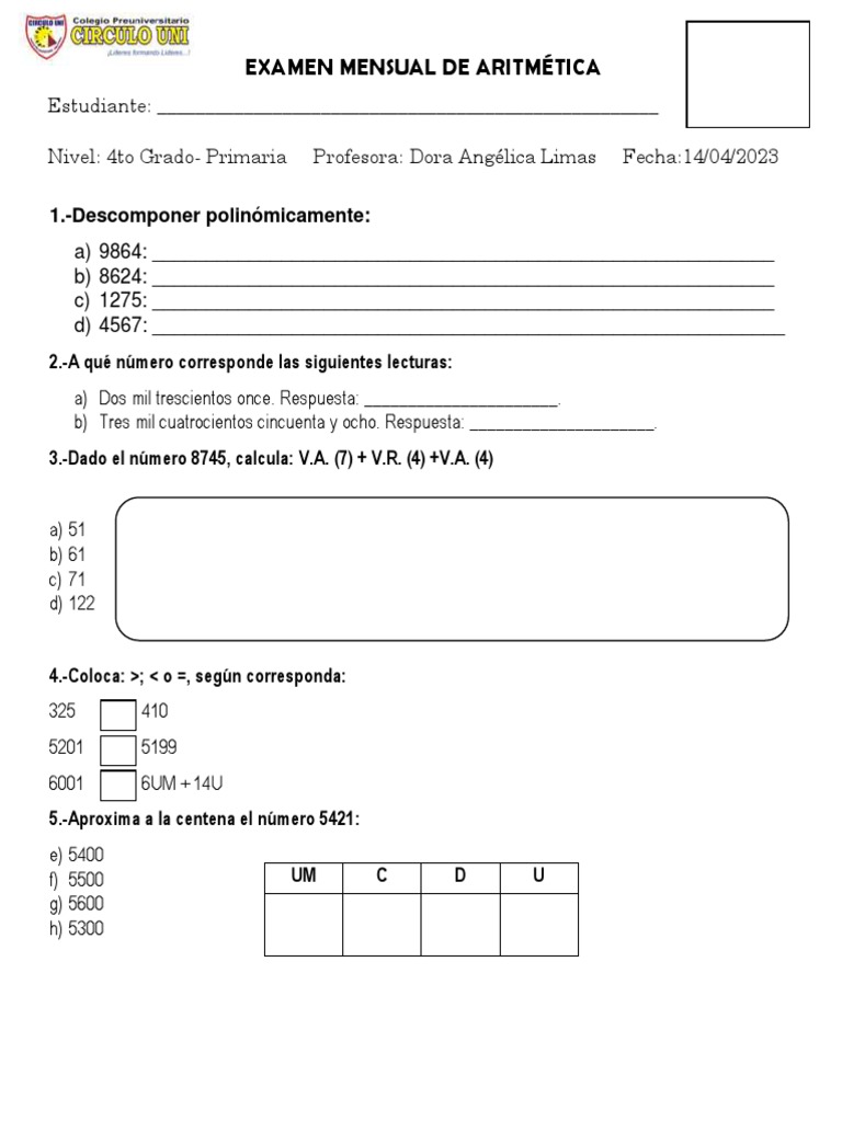 Examen Mensual de Aritmética - 4to | PDF | Métodos y materiales de ...