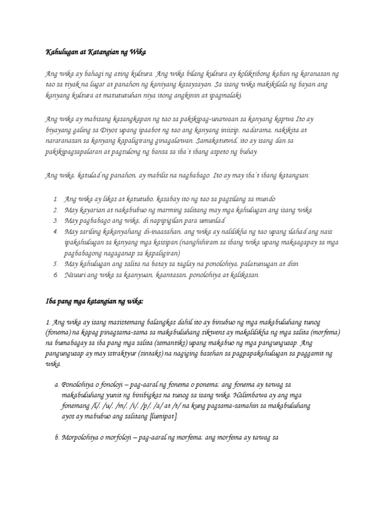 Kahulugan at Katangian NG Wika | PDF