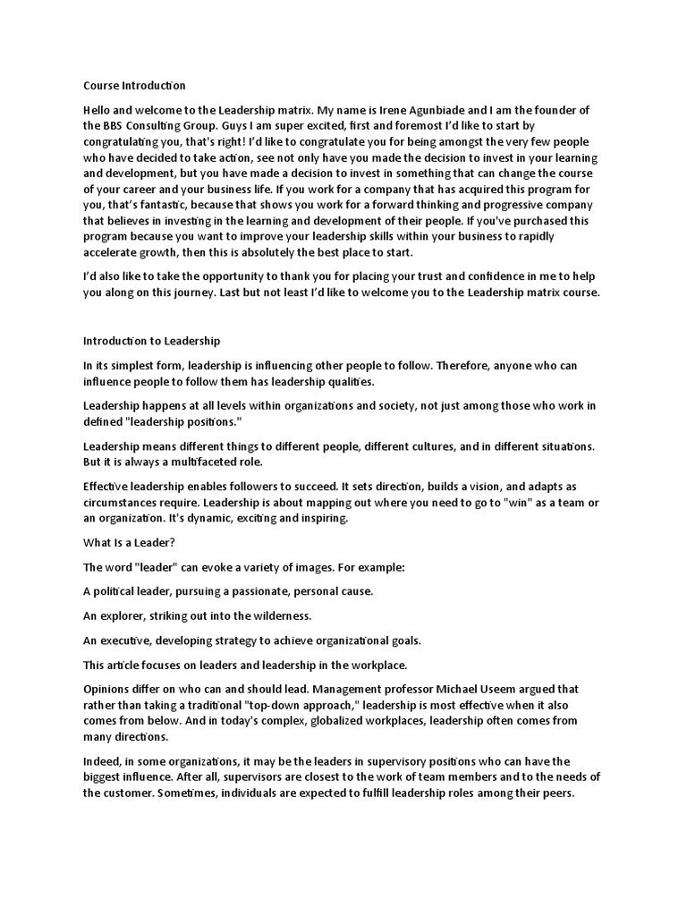 Leadership Matrix Course Overview | PDF | Leadership | Transformational ...