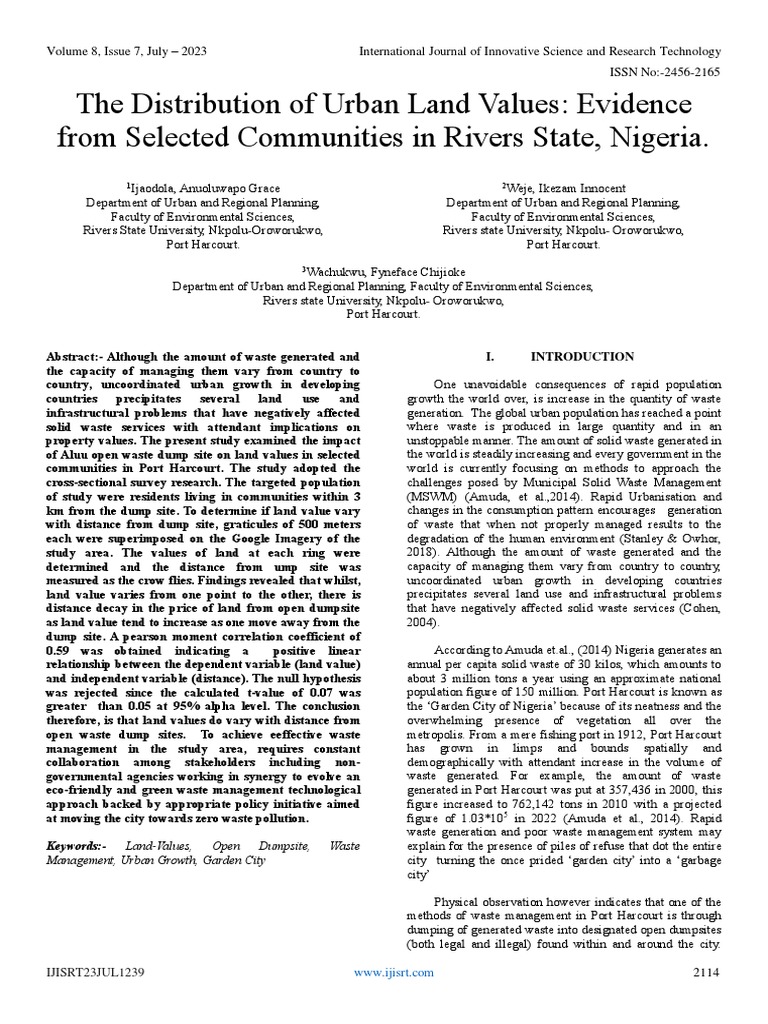 The Distribution of Urban Land Values Evidence From Selected