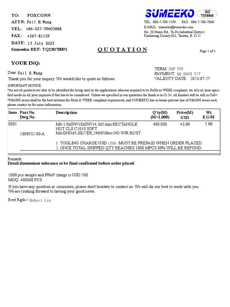 Quotation 1808932-00-A | PDF | Electronic Waste