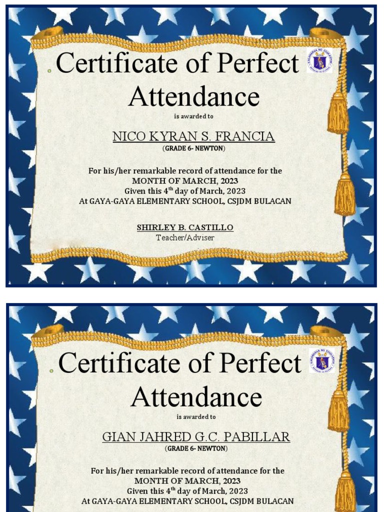Perfect Attendance Certificate | PDF, image size:768x1024