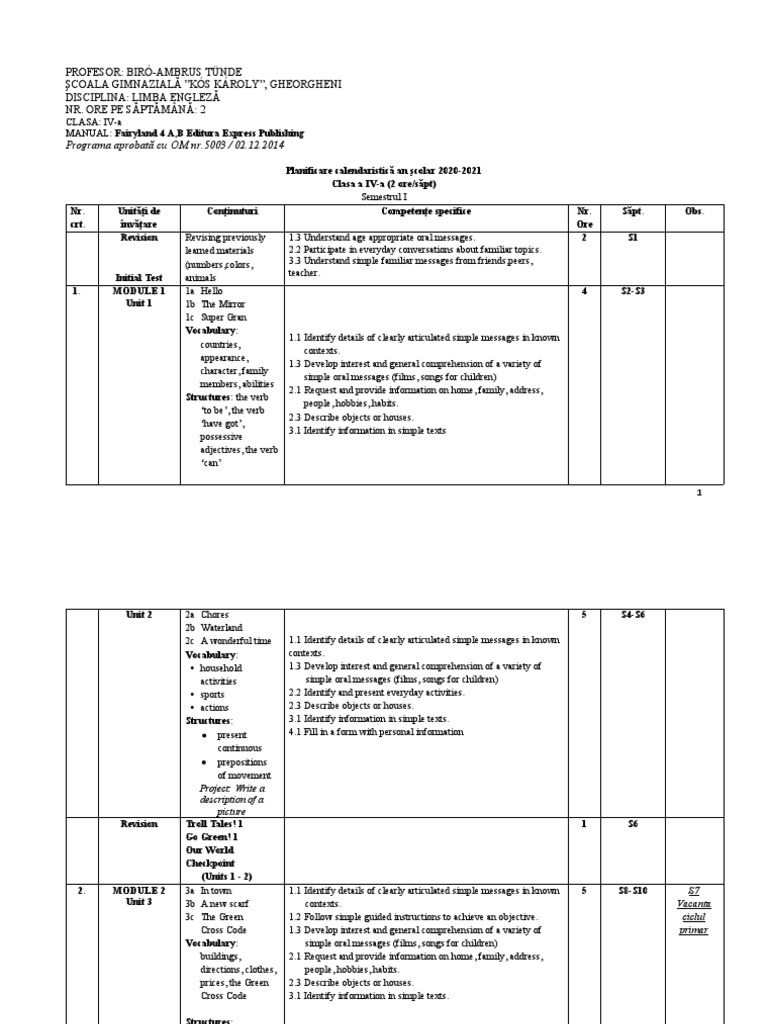 English Curriculum Plan for 4th Grade | PDF | Syntax | Languages
