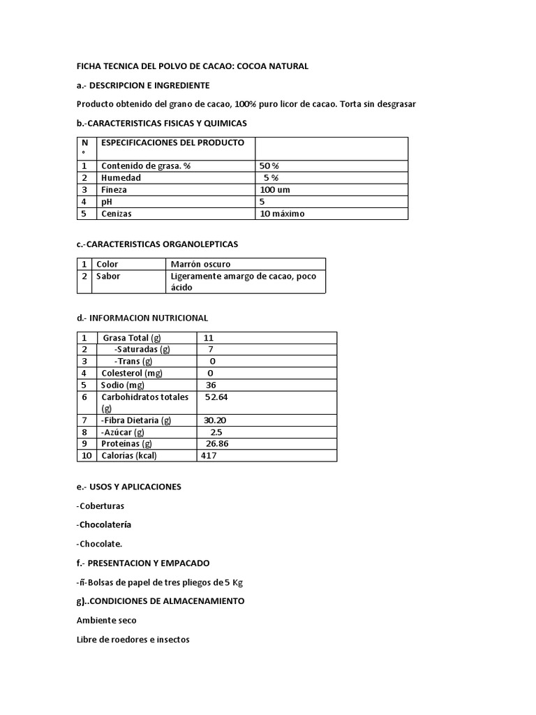 Ficha Tecnica Del Polvo de Cacao PDF