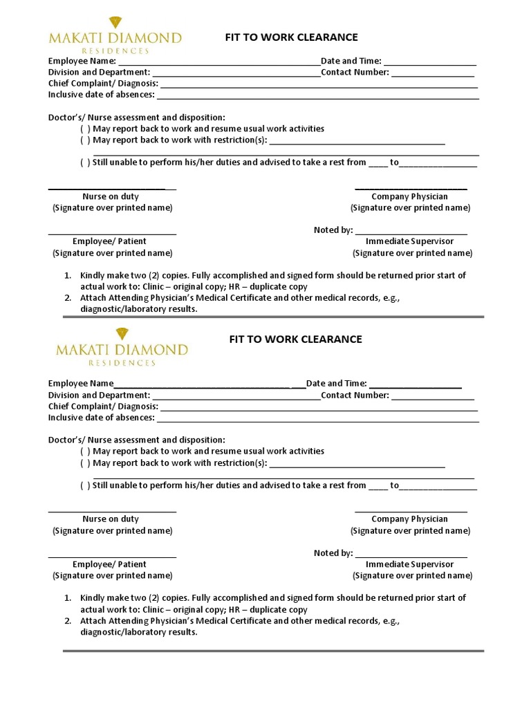 Fit To Work Form | PDF | Medical Diagnosis | Medical Record