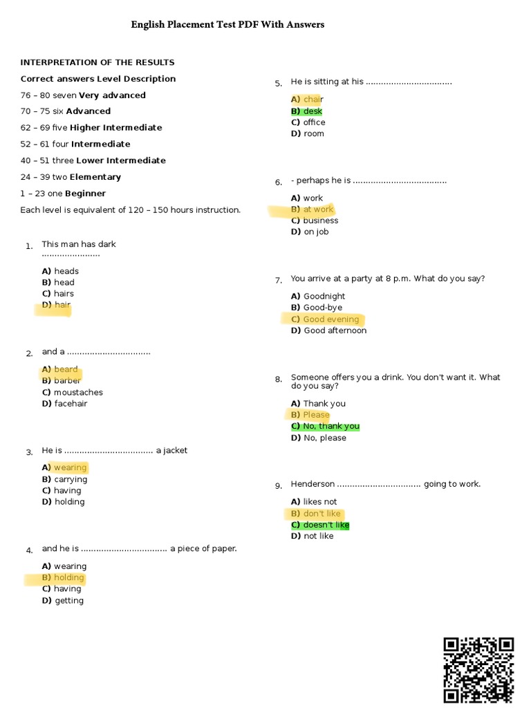 English Placement Test PDF 1 1 10 1 | PDF