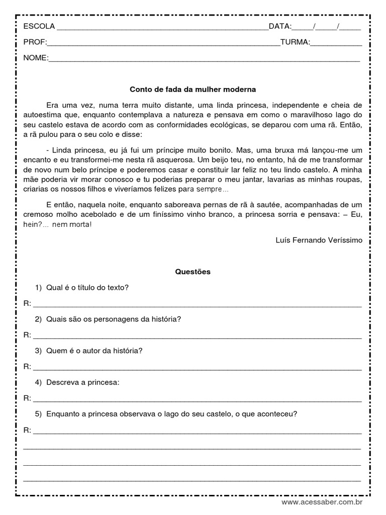 Interpretacao de Texto Conto de Fada Da Mulher Moderna 4º Ou 5º Ano ...