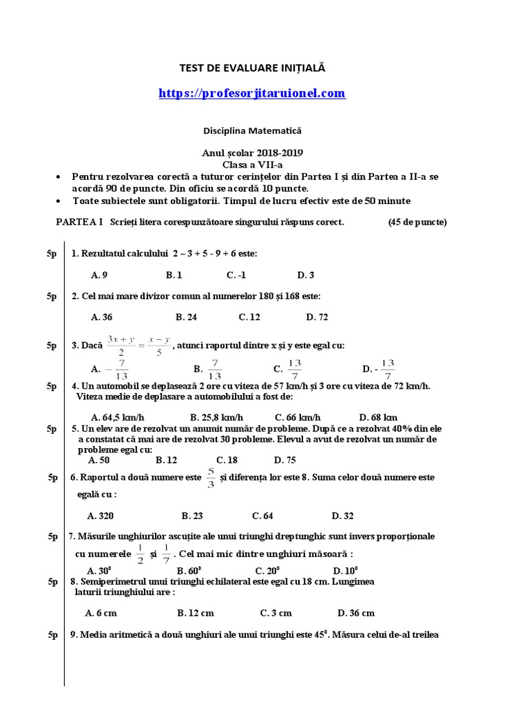 Test de Evaluare Intiala Clasa A 7 A Matematica 1 | PDF
