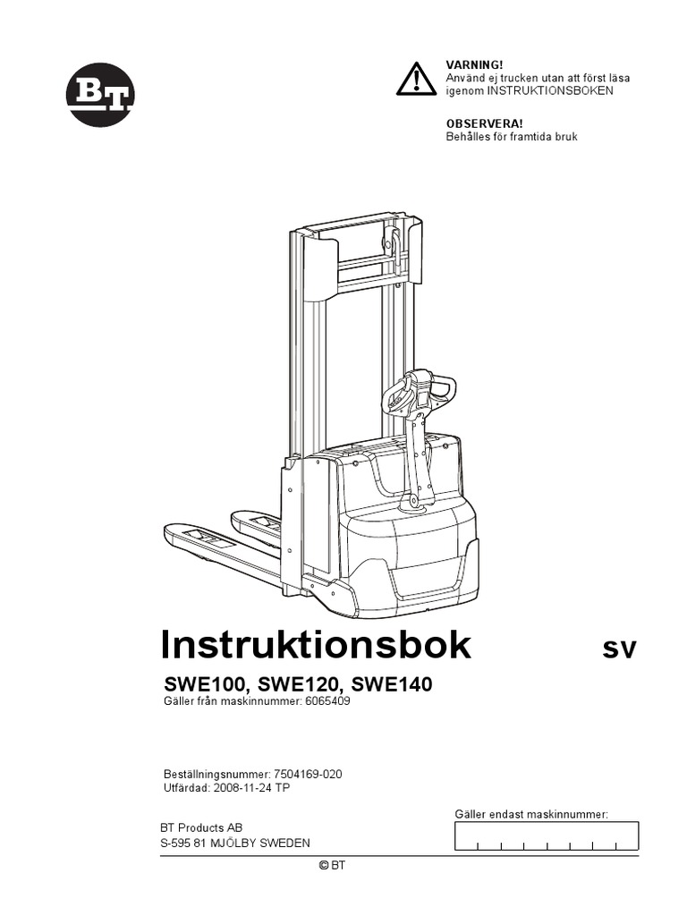 BT Toyota SWE100,120,140 Instruktionsbok | PDF