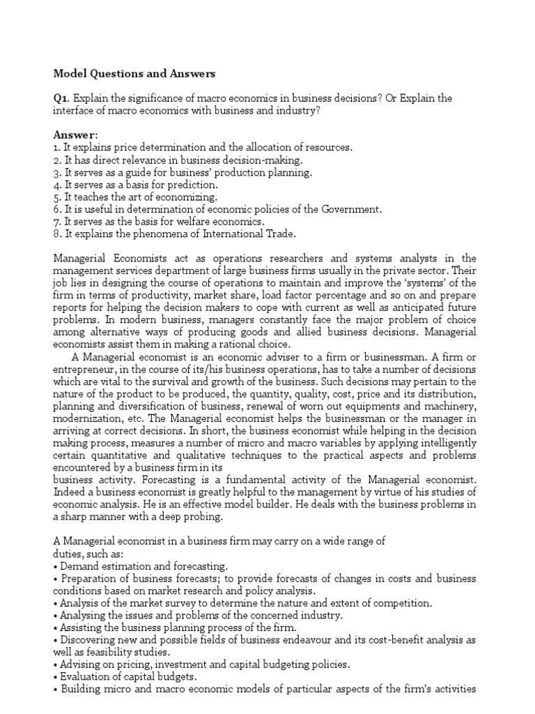 Model Questions and Answers macro economics PDF Economic System