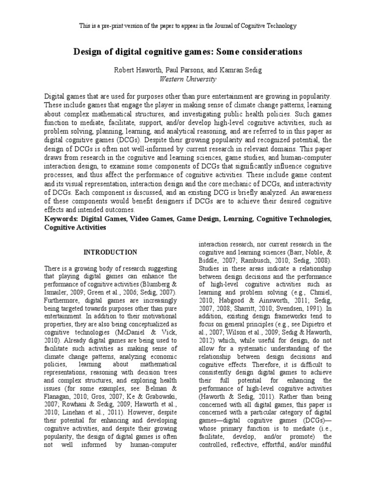 Haworth - Design of A Cognitive Game | PDF | Games & Activities