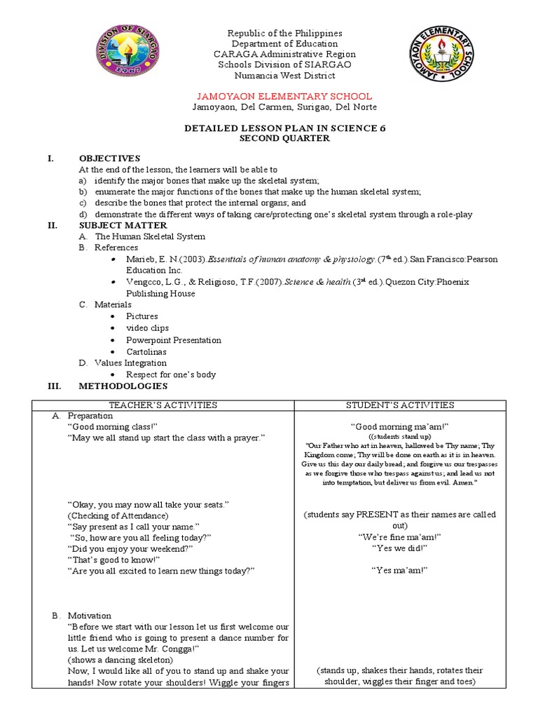Detailed Lesson Plan Skeletal System | PDF | Bone | Skeleton