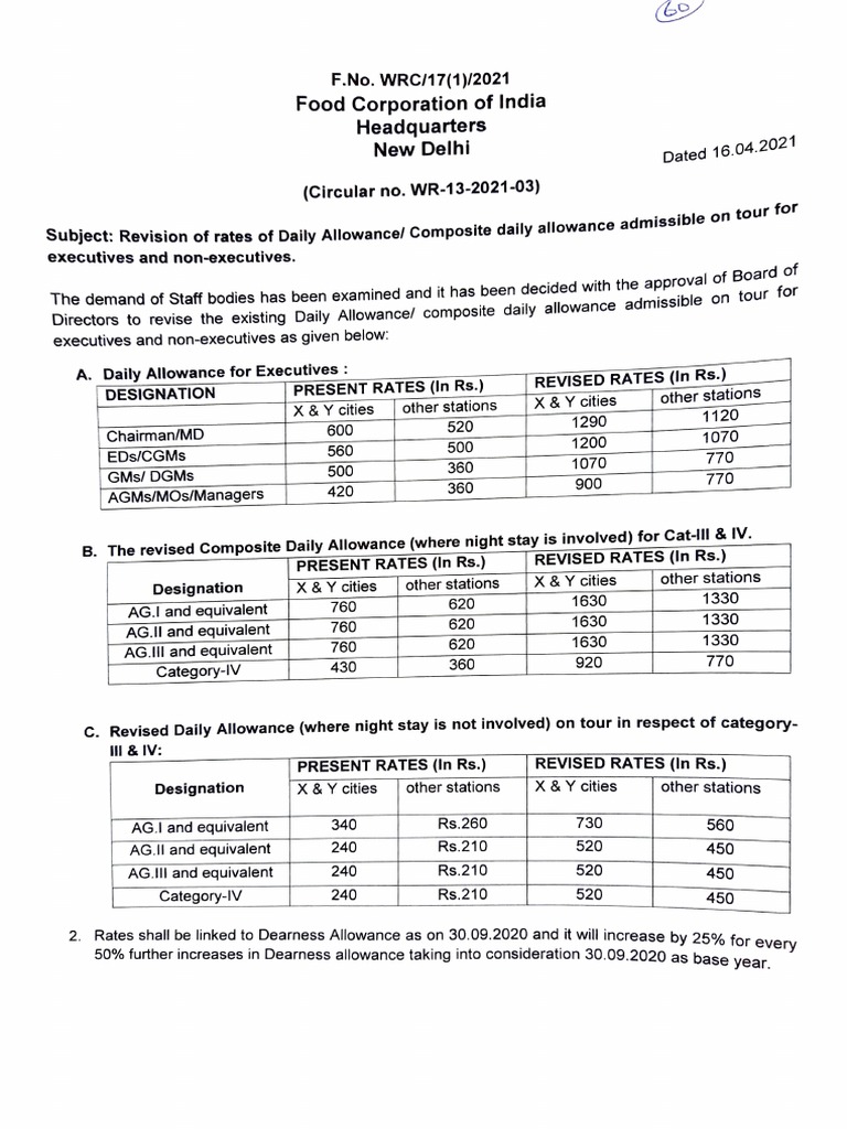 FCI Revised Daily Allowance Rates | PDF