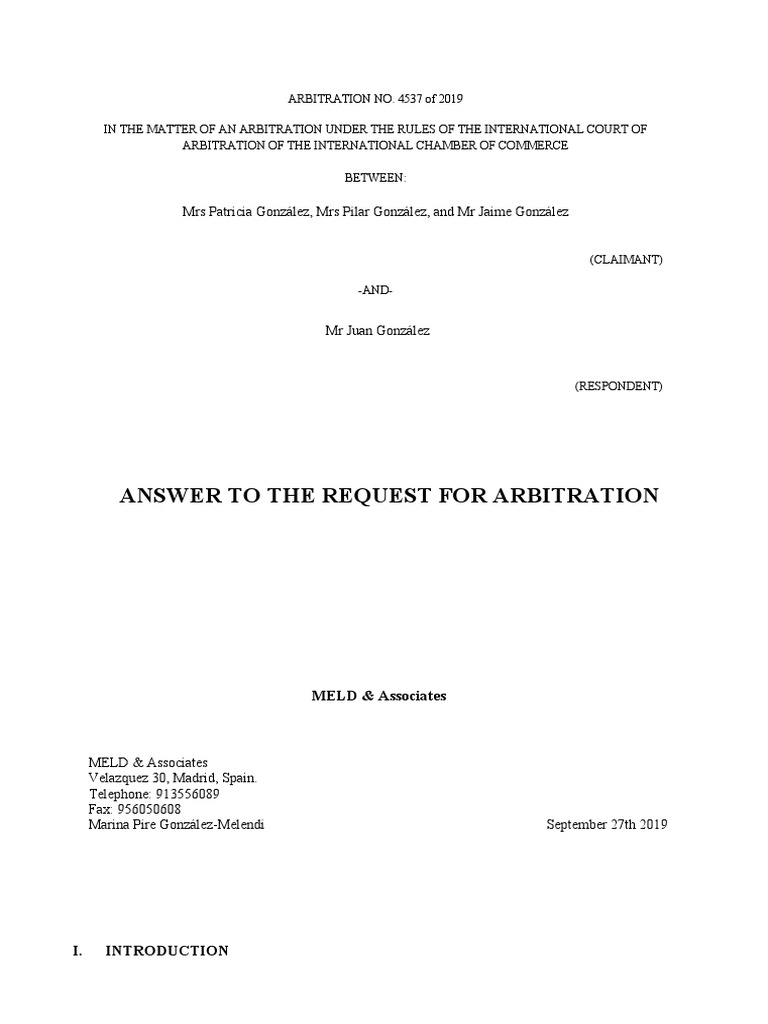Answer To Request For Arbitration PDF Arbitration Conflict Of