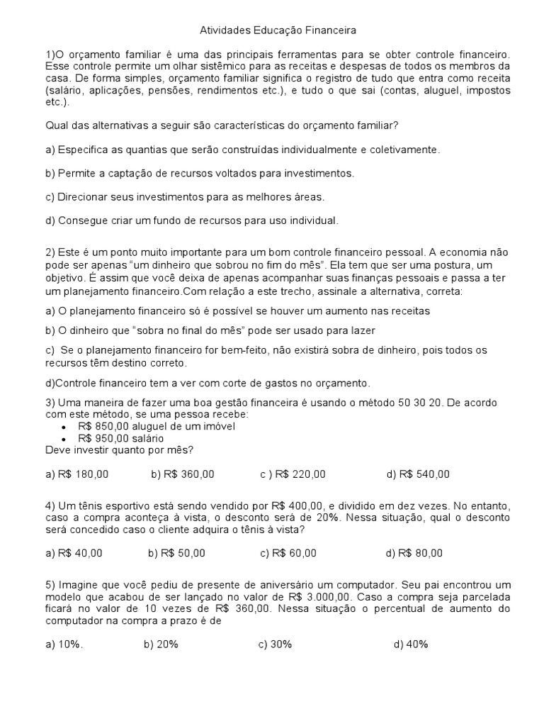 Atividades Educação Financeira | PDF