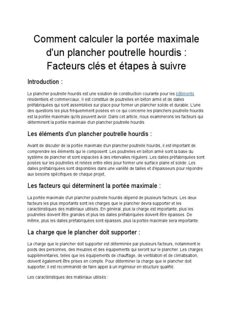 Portée maximale d'un plancher hourdis PDF Béton armé Résistance — free download