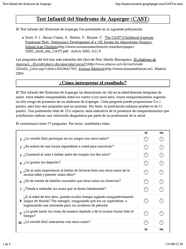 Test Infantil Asperger: Guía y Puntuación | PDF | Síndrome de Asperger