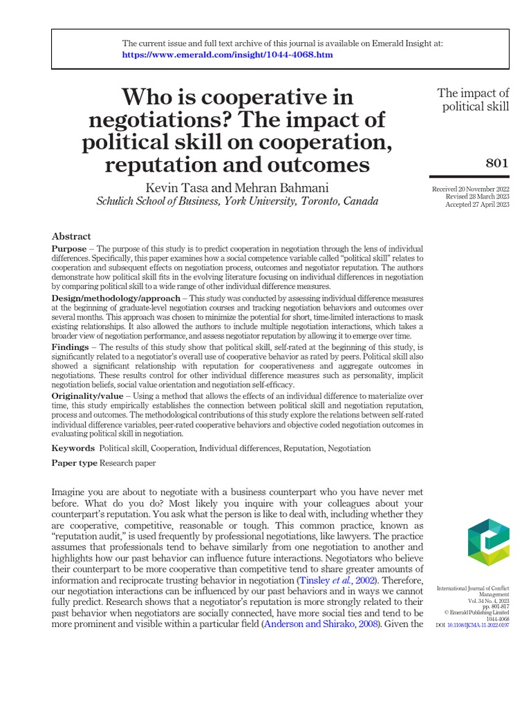 Who Is Cooperative in Negotiations? The Impact of Political Skill On