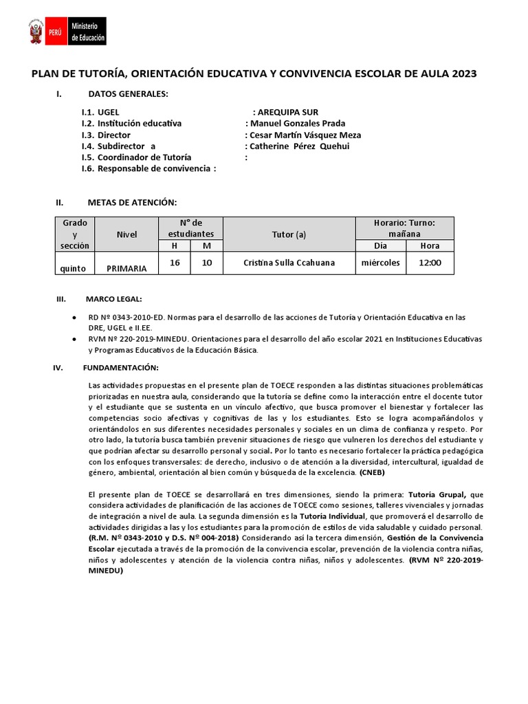 Plan de Tutoría y Convivencia Escolar 2023 | PDF | Salón de clases ...