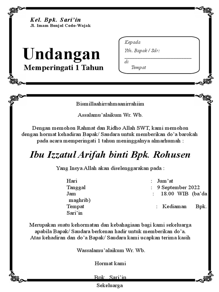 Undangan Tahlil A4 Siap Cetak Bisa Di Edit | PDF