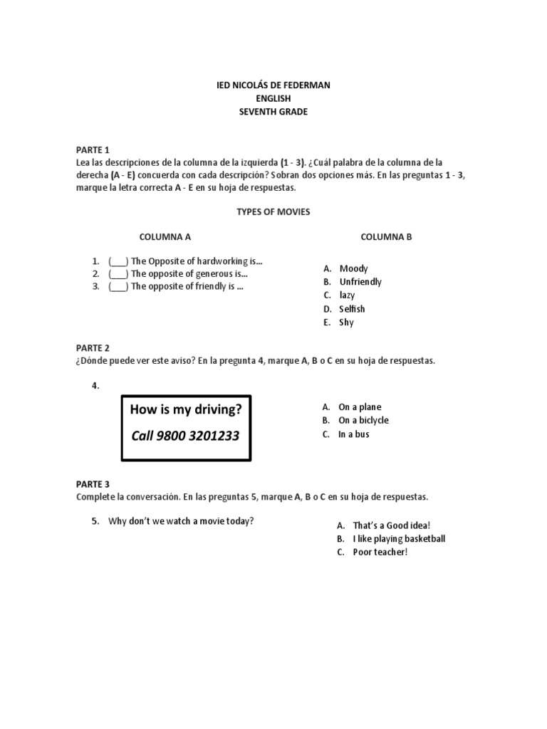 PRUEBA ICFES - SÉPTIMO - INGLÉS - TERCER TRIMESTRE | PDF | Food And ...