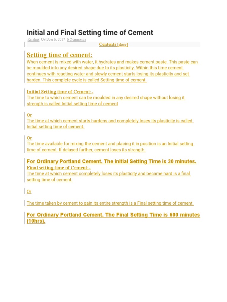 Initial And Final Setting Time Of Cement Test Procedure Pdf
