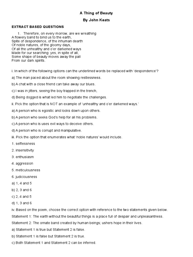 Xii eng a thing of beauty mcqs pdf beauty reason