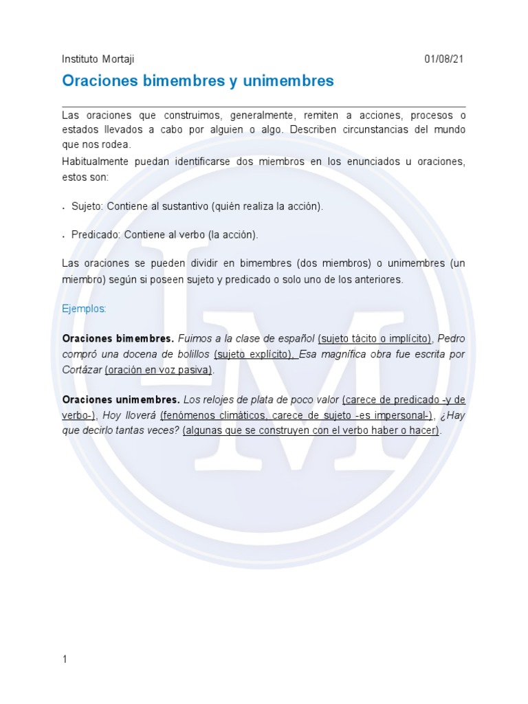 Oraciones Bimembres y Unimembres: Ejercicios | PDF | Artes del Lenguaje ...