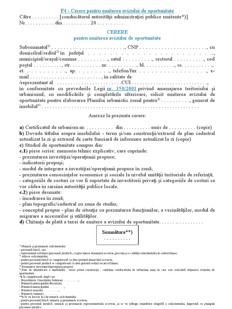 F4 - Cerere Pentru Emiterea Avizului de Oportunitate: A) B) C) c.1) - c ...