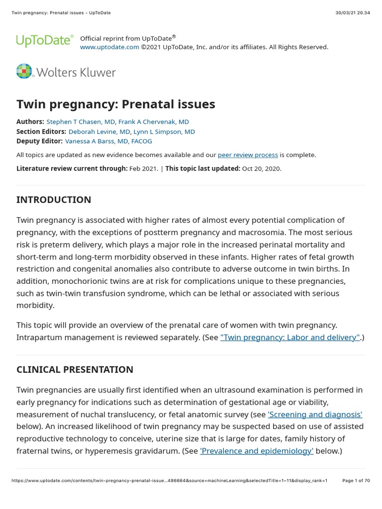 Twin Pregnancy Prenatal Issues Uptodate Pdf Twin Pregnancy