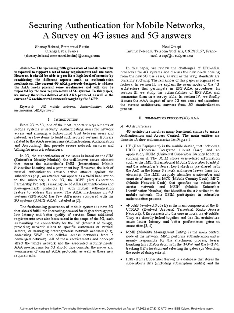 Securing Authentication For Mobile Networks A Survey On 4G Issues and ...