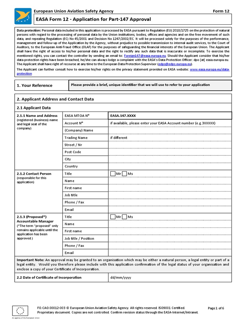 Fo cao 00012 003 easa form 12 application for part 147 approval