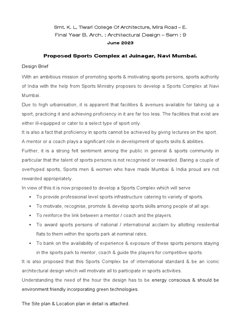 5th yr. Sports Complex design brief with site plan Jun 2023 PDF