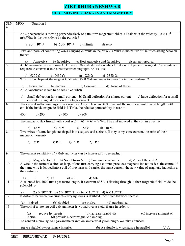 Physics XII CH 4 MCQ Moving Charges and PDF Rotation Around A Fixed Axis
