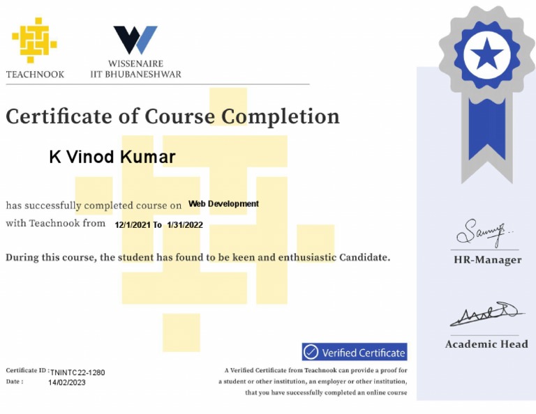 Teachnook course completion certificate k vinod kumar pdf