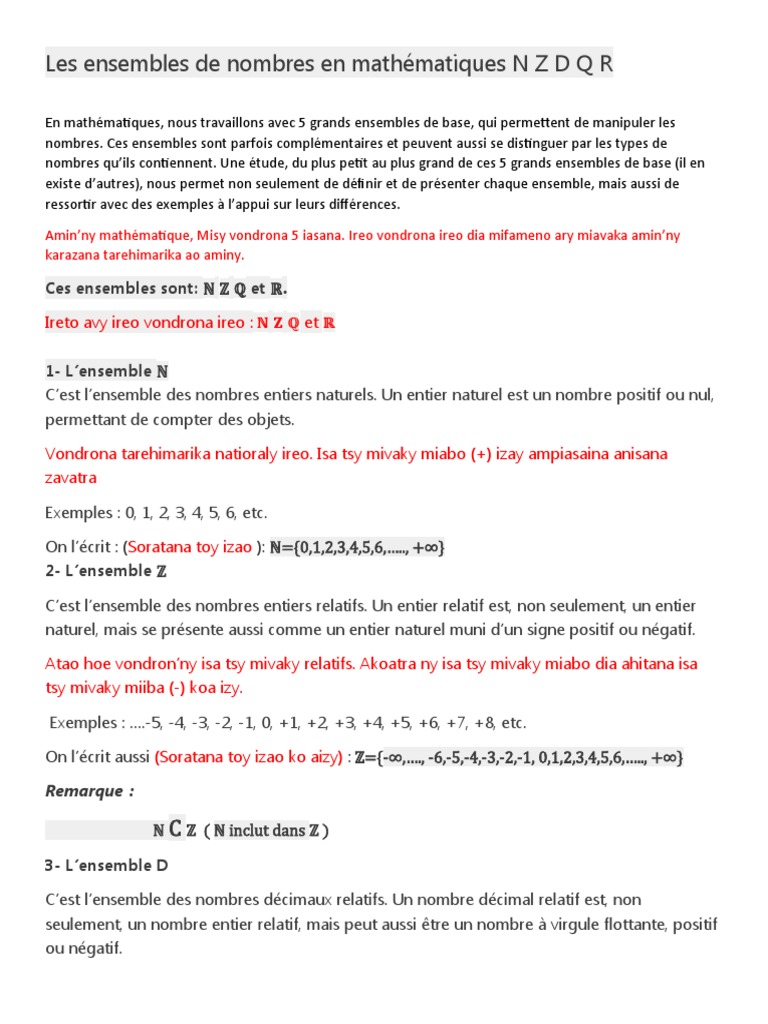 Les Ensembles de Nombres en Mathématiques N Z D Q R | PDF | Nombre ...