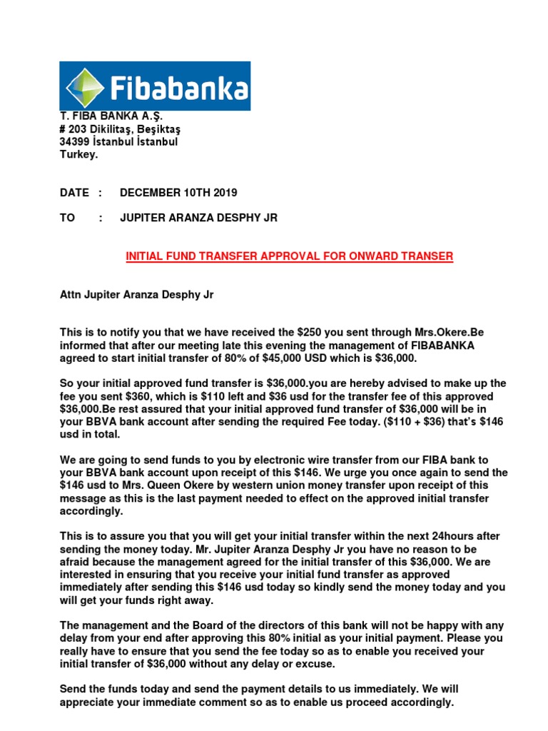Initial Fund Transfer Approval Notification of MR J A Desphy JR | PDF