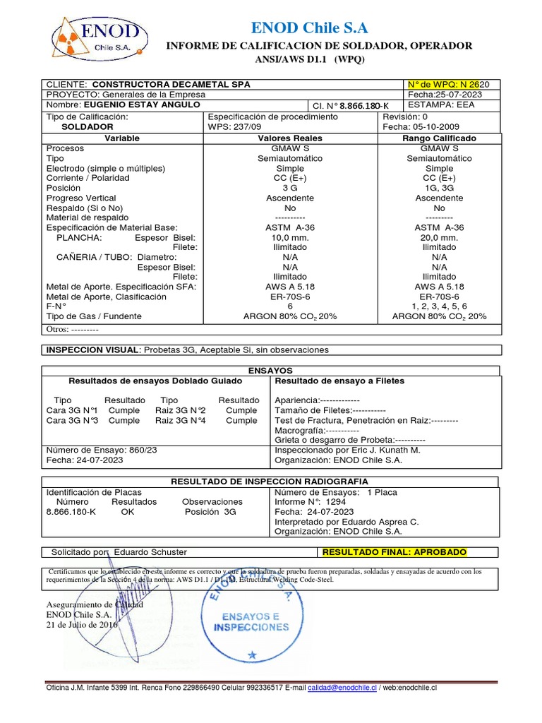 Informe de Calificación de Soldador ENOD Chile | PDF | Procesos ...