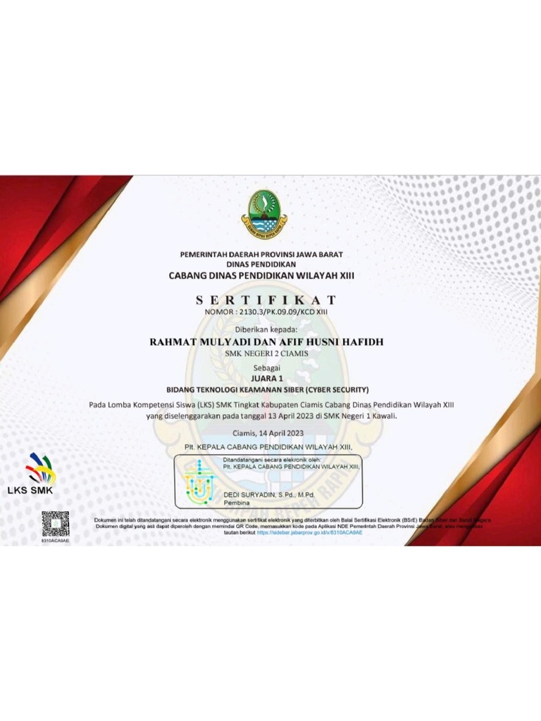 Sertifikat Peserta LKS Cyber Security Juara I TK Kab. Ciamis-Rahmat