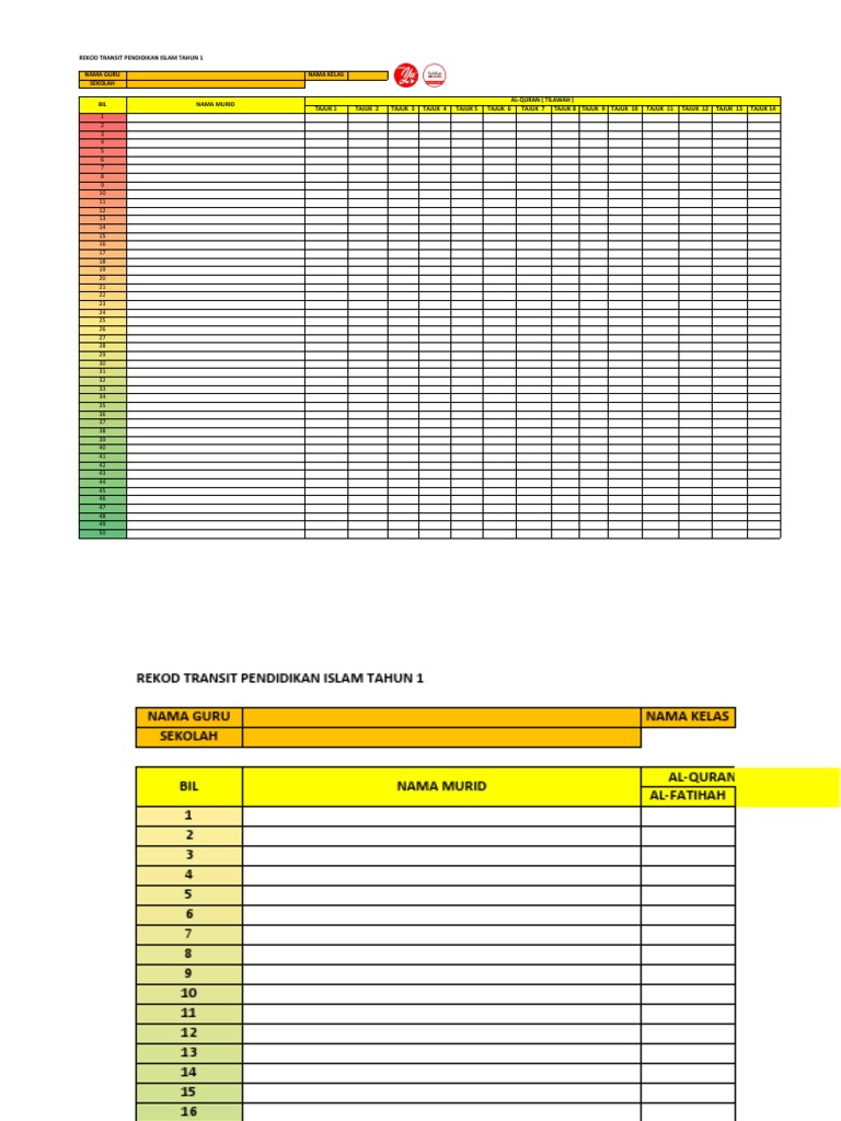 Rekod Transit P.islam Tahun 1 | PDF