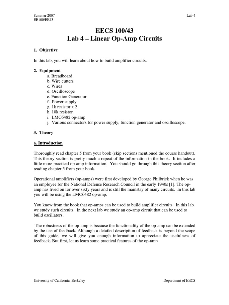 Linear Op-Amp Circuit Lab Guide | PDF | Operational Amplifier | Amplifier