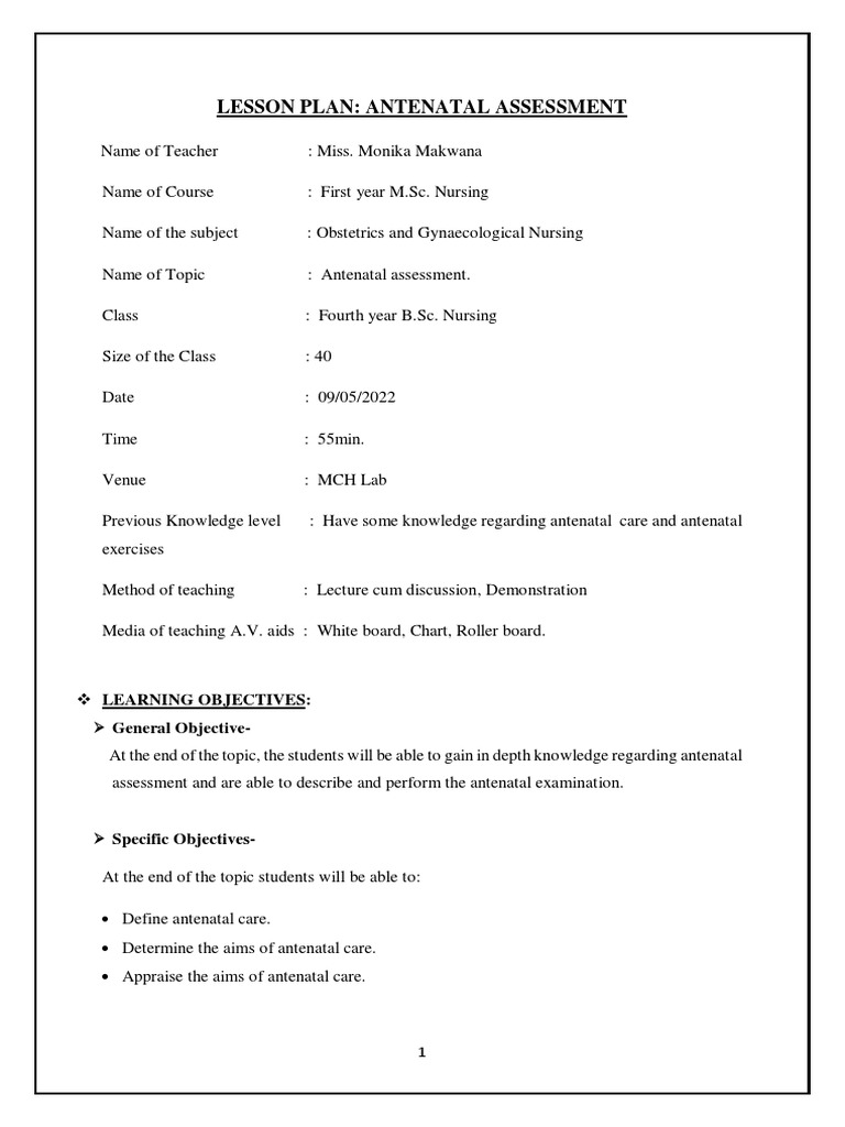 Antenatal Assessment - Lesson Plan | PDF