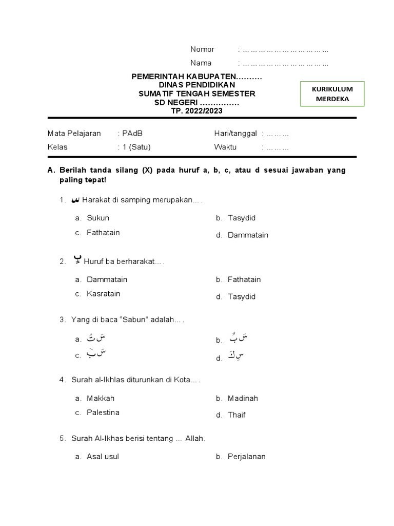 Soal Ujian PAdB Kelas 1 SD 2022/2023 | PDF