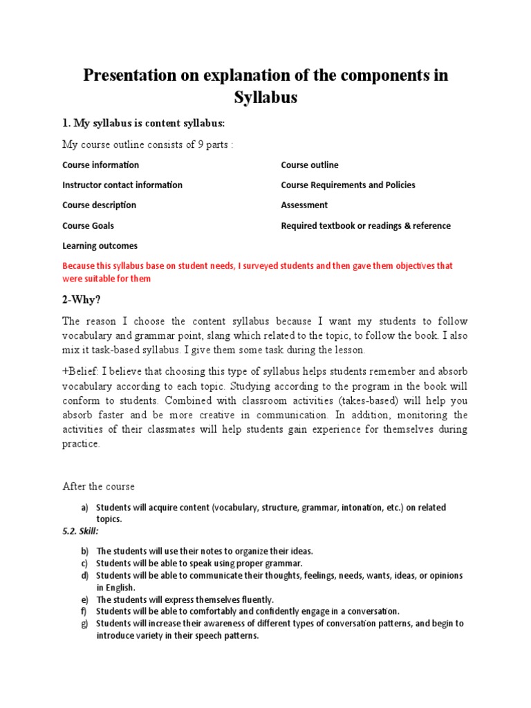 Presentation on explanation of the components in Syllabus PDF