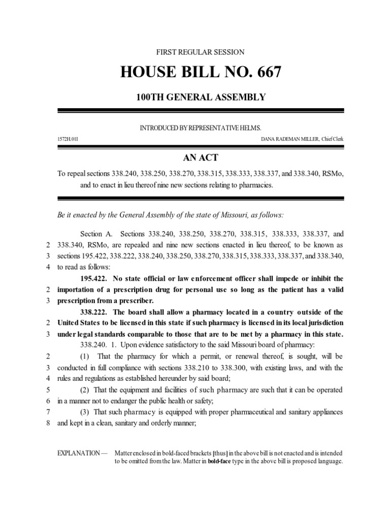 House Bill No. 667 100Th General Assembly PDF Pharmacist Pharmacy